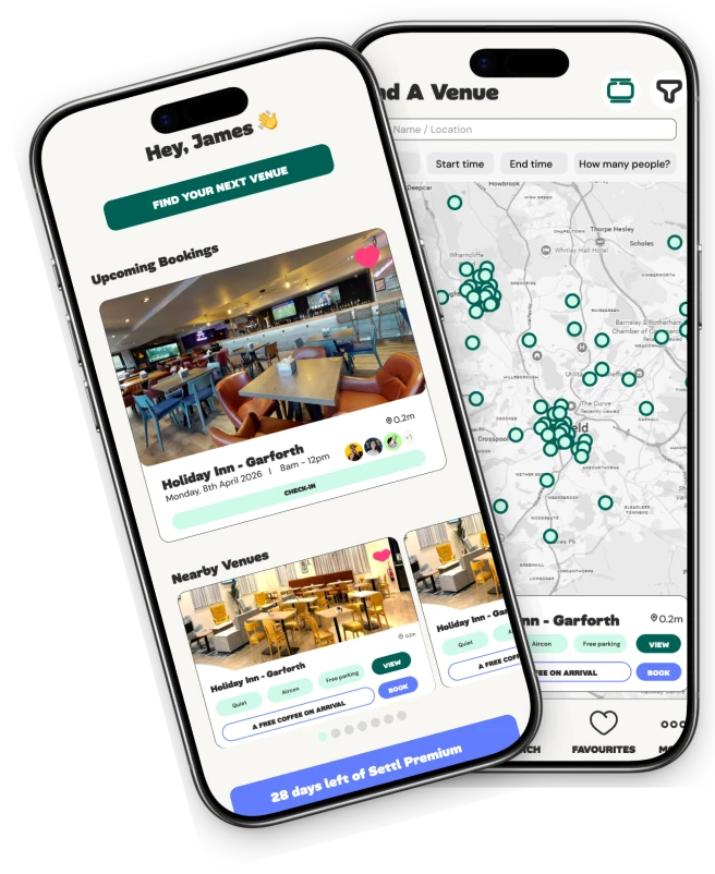 The Settl app on two phones - the home screen and a venue map