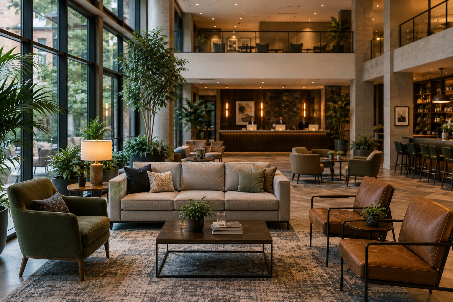 Modern hotel lobby with comfortable seating and tables for remote working
