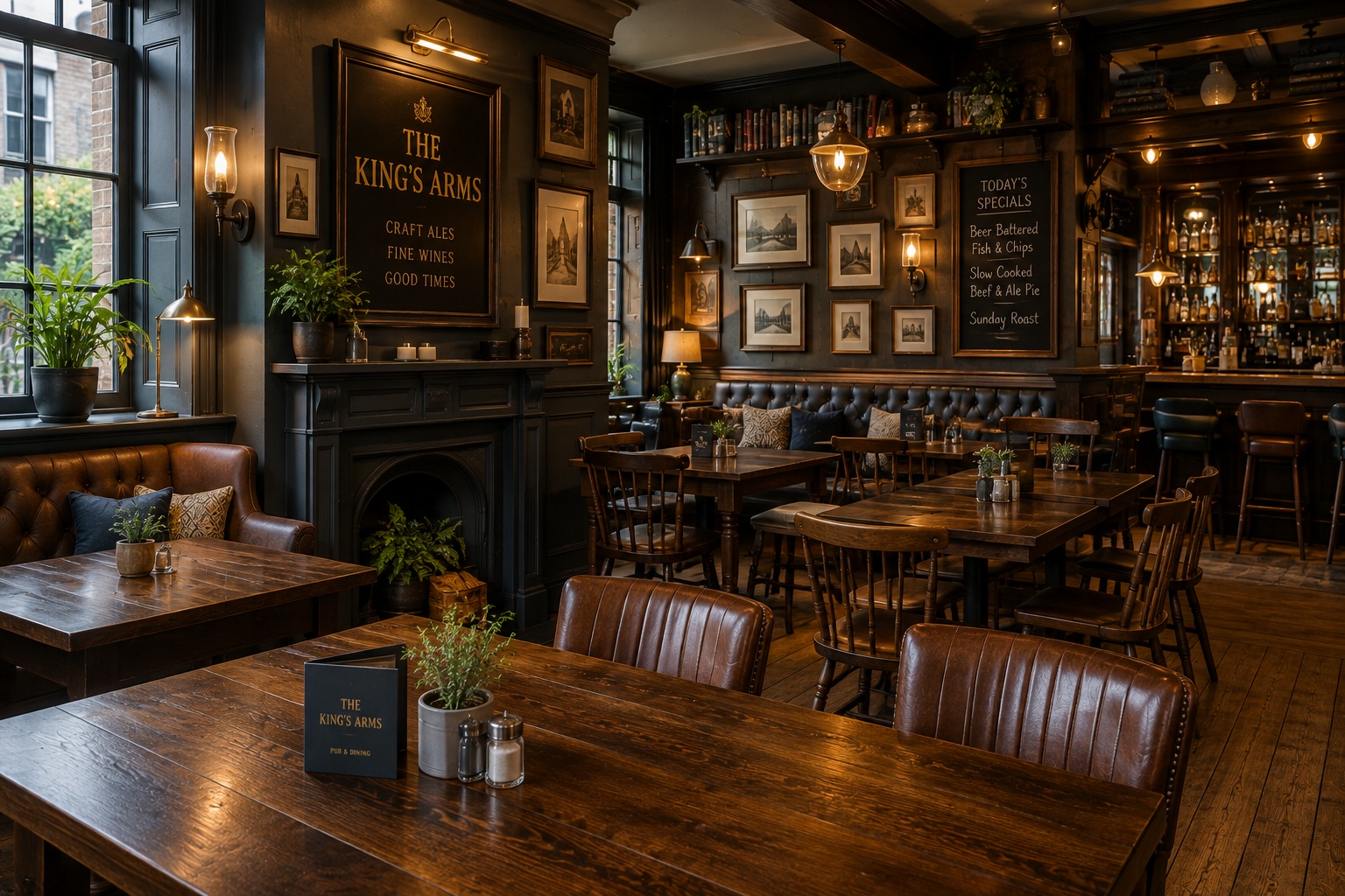 Warm pub interior presented in a Settl venue listing